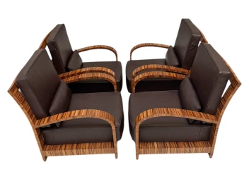 Four Art Deco Lounge Chairs with Leather Cushions France, 1930s
